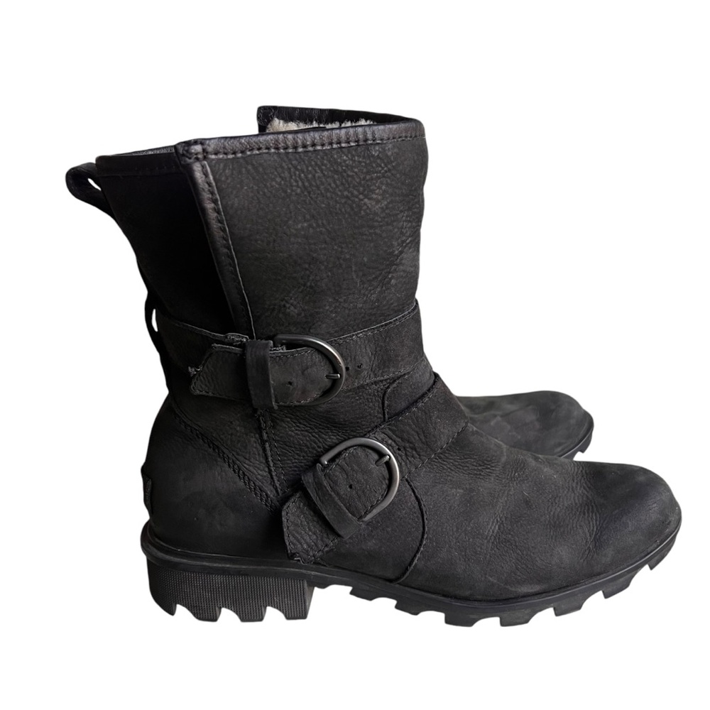 Sorel Womens Black Suede Leather Phoenix Boots Moto Waterproof Buckle Size 10